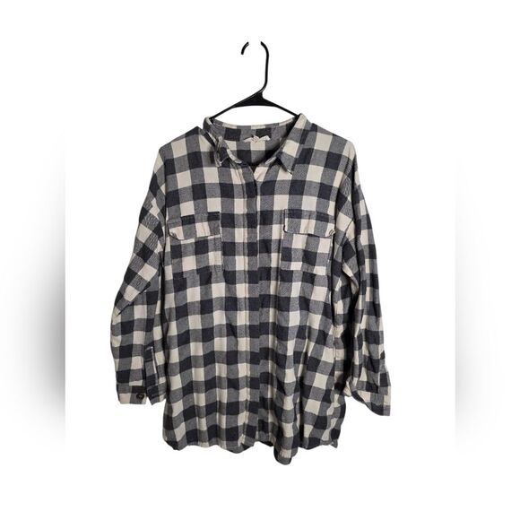 Newbury Kustom Navy Buffalo Plaid Button Front Flannel Top L - Picture 1 of 3